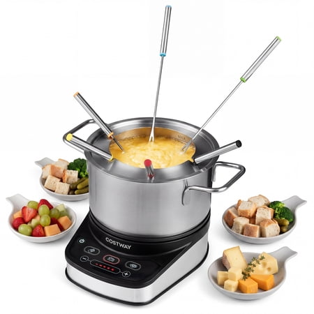 Costway Electric Fondue Pot Set 1200W Fondue Maker with 3 L Removable Stainless Steel Pot Silver + Black