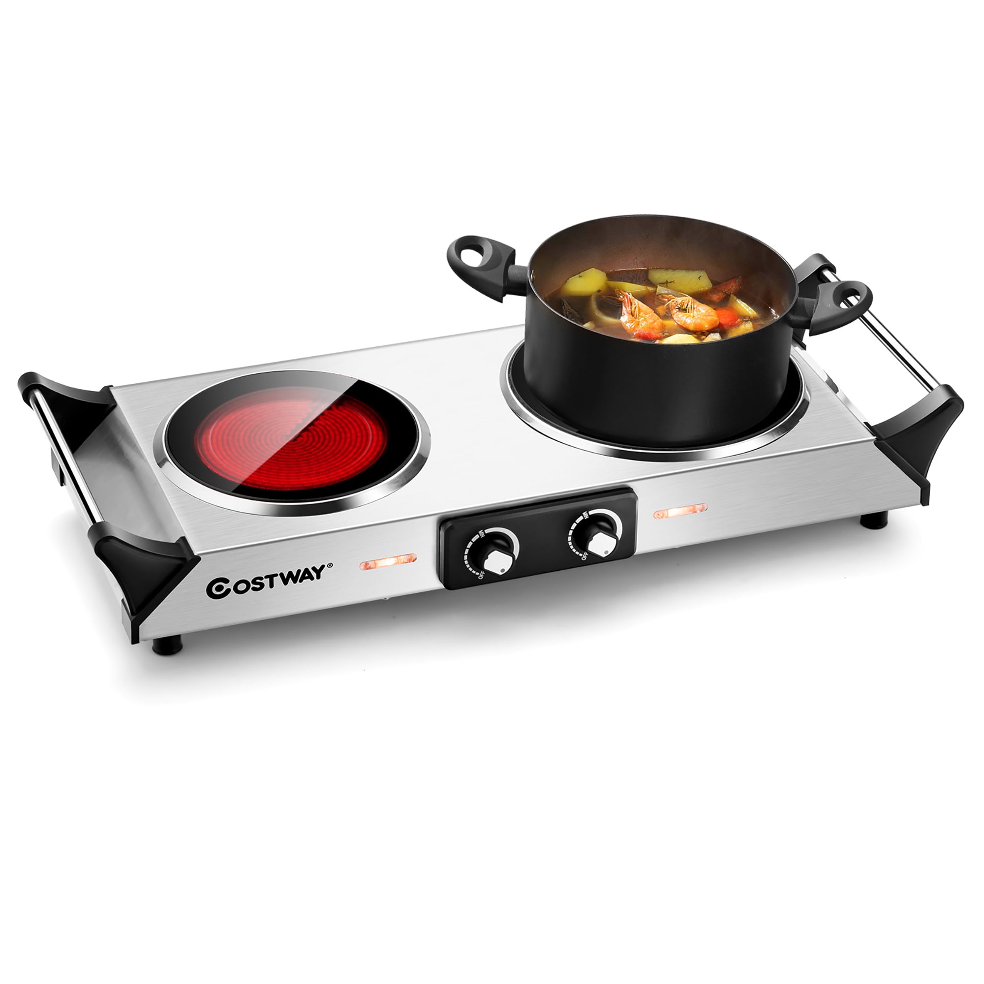 Electric Double Stovetop Hot Plate for Cooking 1800W 7.3/4 Glass Cast Iron Portable Stove Burners Cool Touch Handle Cooktop Keeps Food Warm