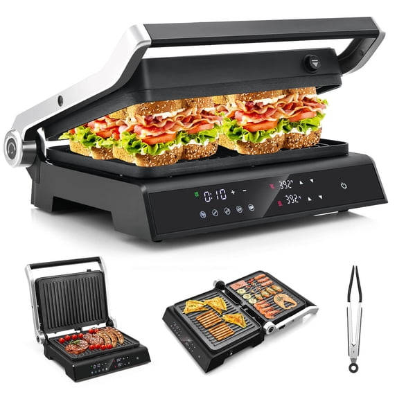 Costway Black Electric Panini Press Grill Sandwich Maker with LED Display and Removable Drip Tray