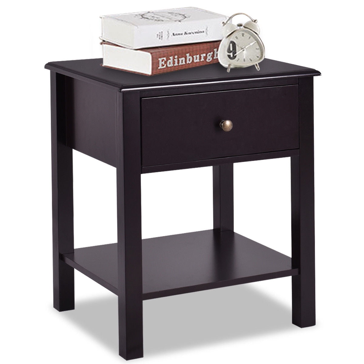 Elegant Brown MDF Nightstand with Drawer and Open Shelf