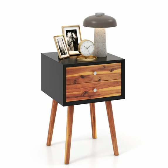 Costway End Table W/Drawers and Storage Wooden Mid-Century Accent Side Table Multipurpose for Bedroom Living Room Home Furniture Nightstand-Black