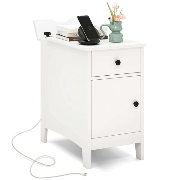 Costway End Table with Charging Station Flip Top Bedside Table with USB Ports & Outlets White