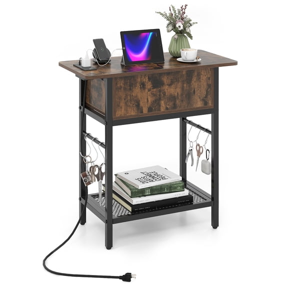 Costway End Table with Charging Station, Flip Top Sofa Side Table with USB Ports,Outlets&Shelf Rustic Brown & Black