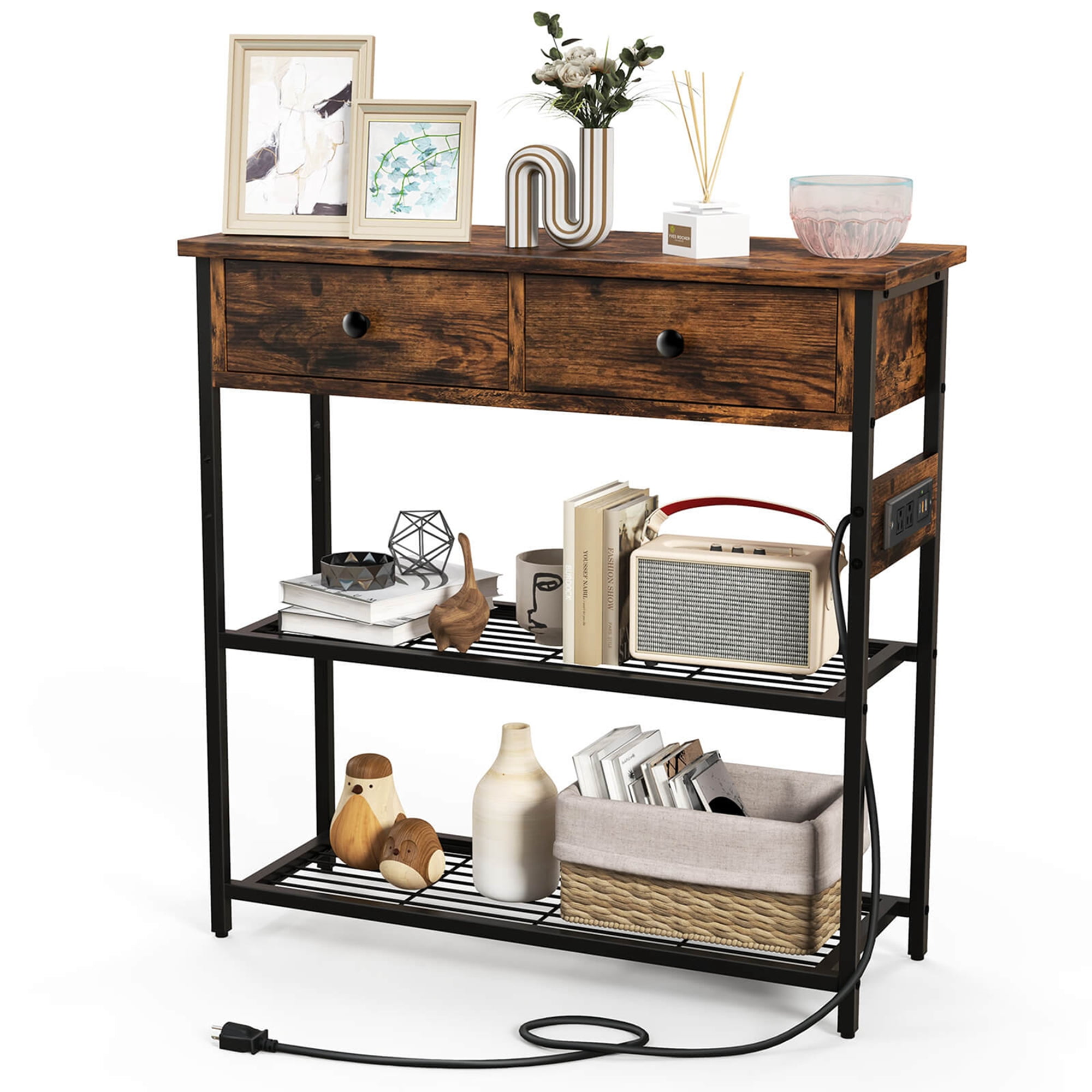Costway Entryway Table with Charging Station Narrow Console Table with 2 Drawers Brown