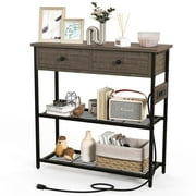 Costway Entryway Table with Charging Station Narrow Console Table with 2 Drawers Oak
