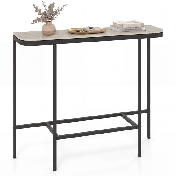 Costway Entryway Table with Faux Marble Top and Metal Frame, Behind Couch Table for Hallway Gray and Black