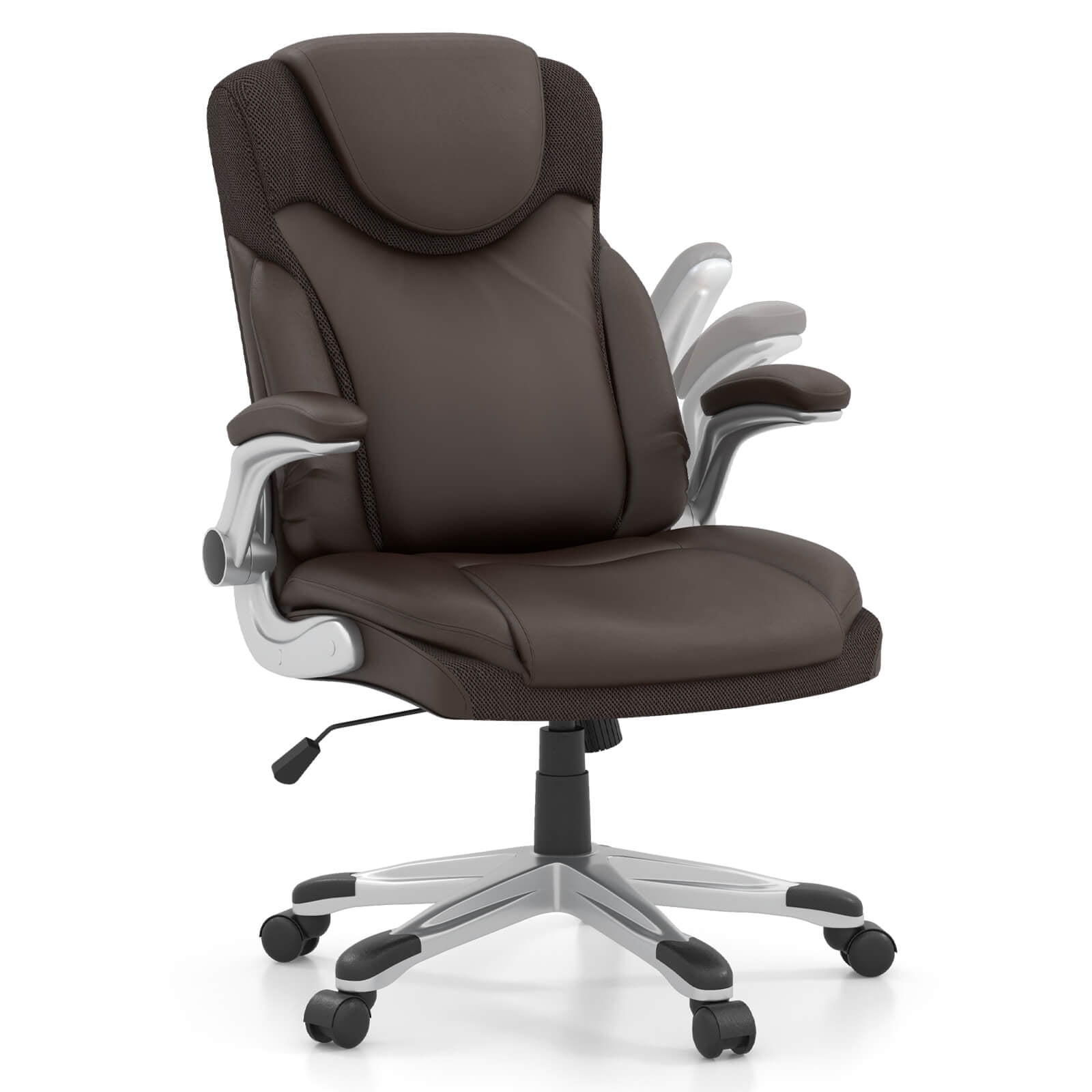 Costway Ergonomic Office Chair PU Leather Executive Swivel with Flip-up Armrests Brown