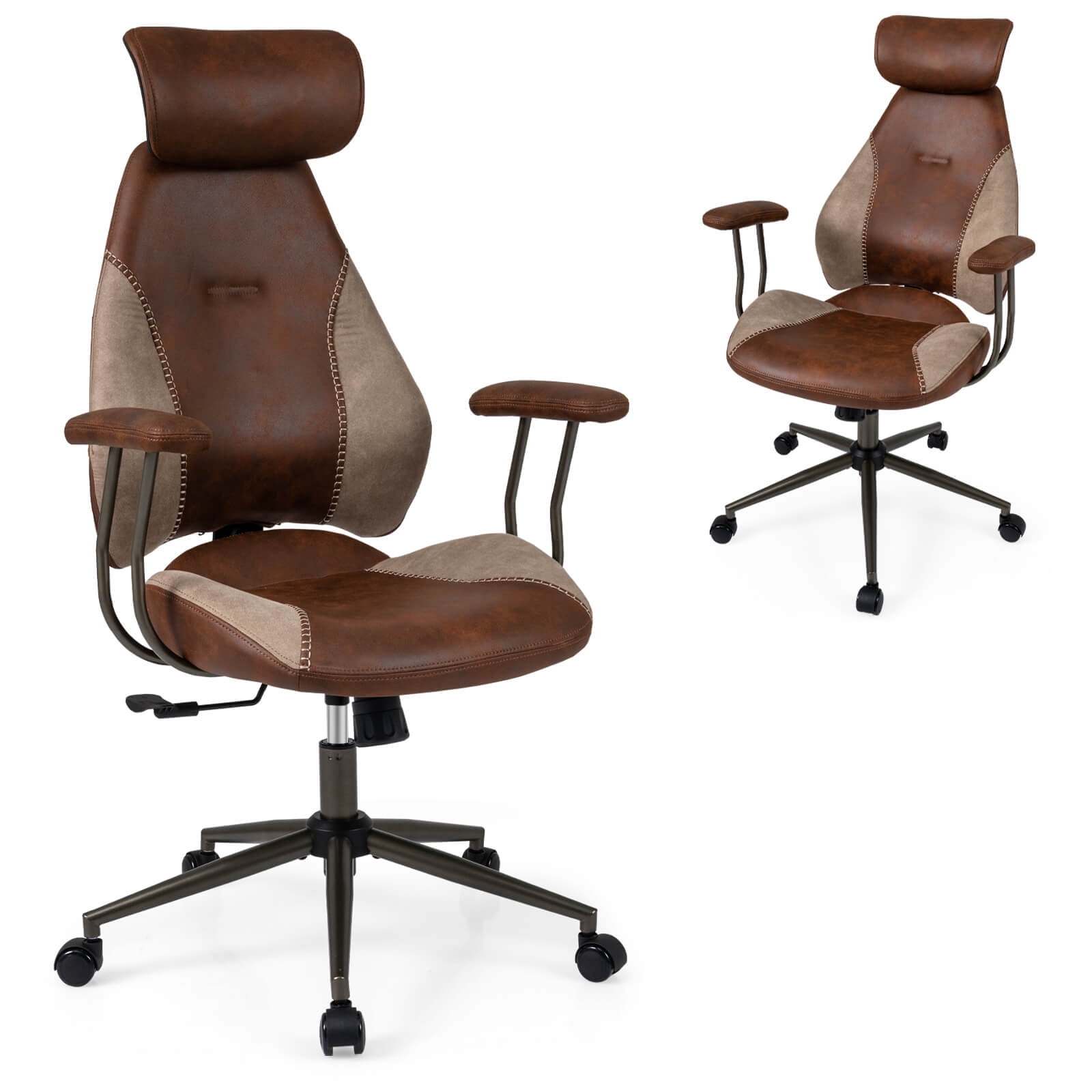 Costway Ergonomic Office Chair with 2D Headrest, Rocking Backrest & Wheels, Gaming Chair Brown & Beige