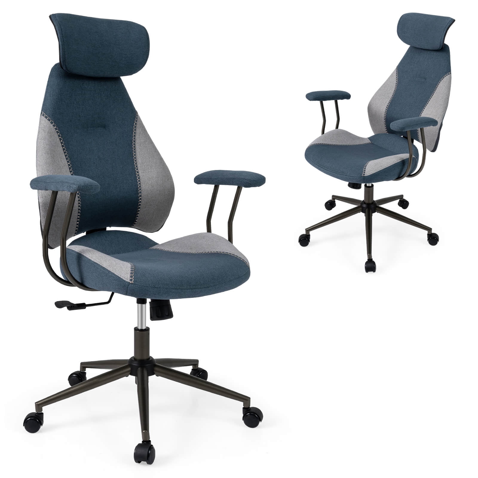 Costway Ergonomic Office Chair with 2D Headrest, Rocking Backrest & Wheels, Gaming Chair Gray & Blue