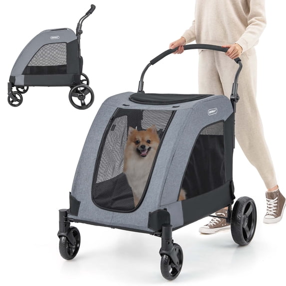 Costway Extra Large Dog Stroller with Dual Entry Safety Belt Adjustable Handle 4 Wheels Grey