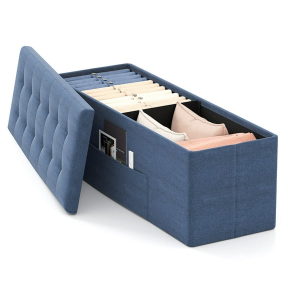 Costway Fabric Folding Storage Ottoman Storage Chest W/Divider Bed End Bench Navy