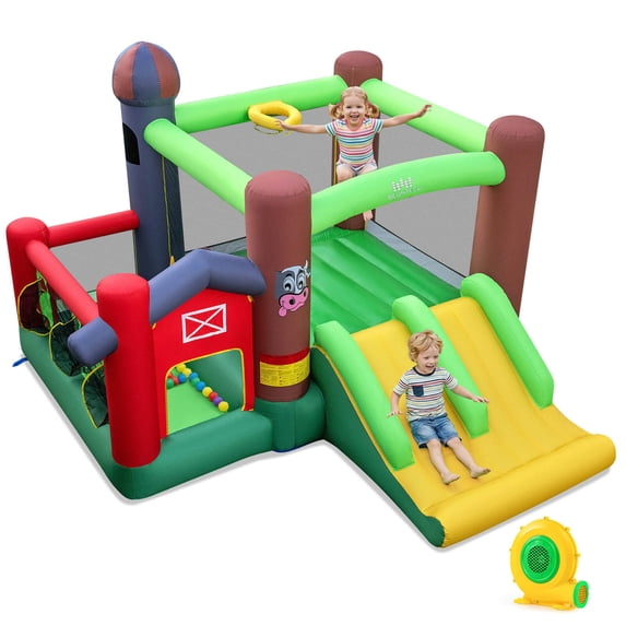 Costway Inflatable Bounce House Kids Castle Slide Bouncer with 680W Blower, Multi-Color, 144in x 131in x 89in