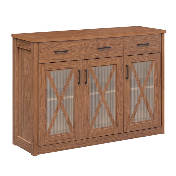 Costway Farmhouse Buffet Sideboard with 2 Drawers Fluted Barn Doors for Kitchen Dining Room Brown