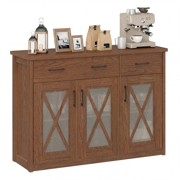 Costway Farmhouse Buffet Sideboard with 2 Drawers Fluted Barn Doors for Kitchen Dining Room Brown