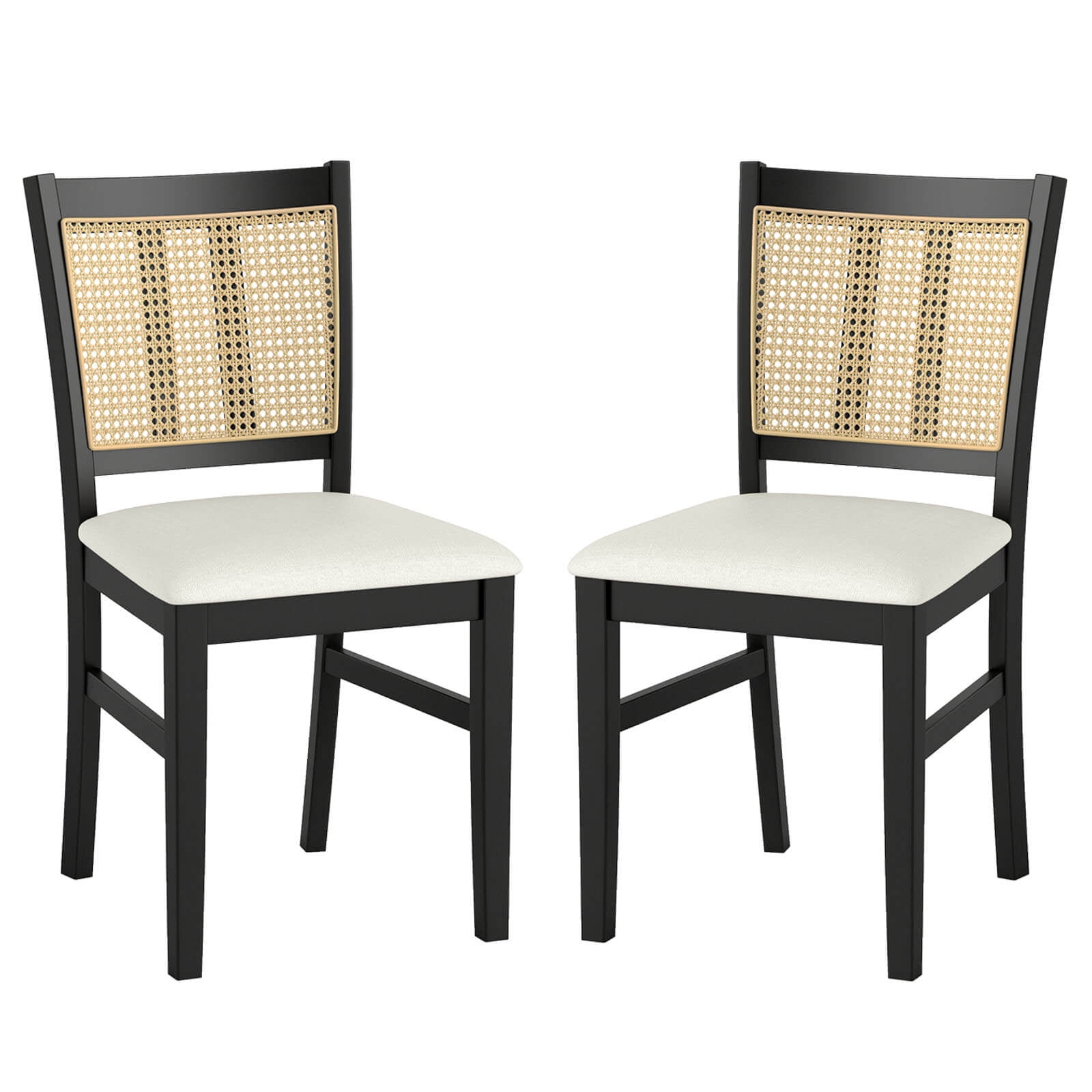 Costway Farmhouse Rattan Dining Chair Set of 2 Fabric Upholstered ...
