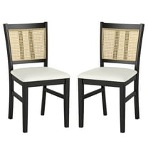 Costway Farmhouse Rattan Dining Chair Set of 2 Fabric Upholstered Kitchen Chairs