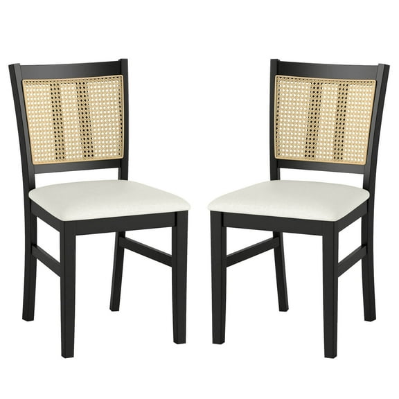 Costway Farmhouse Rattan Dining Chair Set of 2 Fabric Upholstered Kitchen Chairs