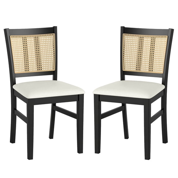 Costway Farmhouse Rattan Dining Chair Set of 2 Fabric Upholstered Kitchen Chairs
