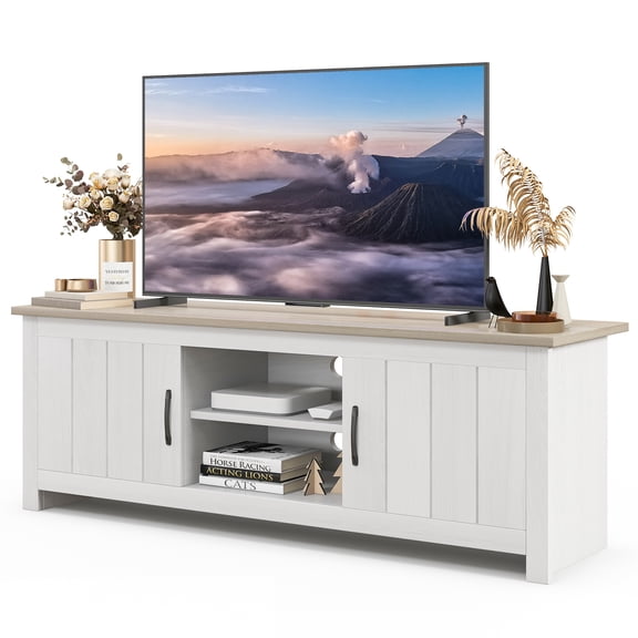 Costway Farmhouse TV Stand for TVs up to 65" Media Console Center with Doors Cubbies Oak + White
