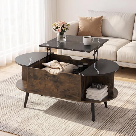 Costway Faux Marble Lift Top Coffee Table with Hidden Compartment, Shelves for Living Room Black & Rustic Brown