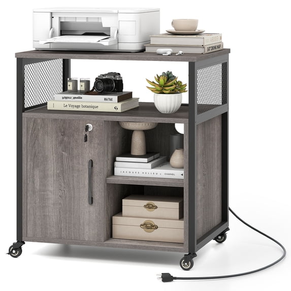 Costway File Cabinet on Wheels with Charging Station & Cable Management Hole Shelves Grey