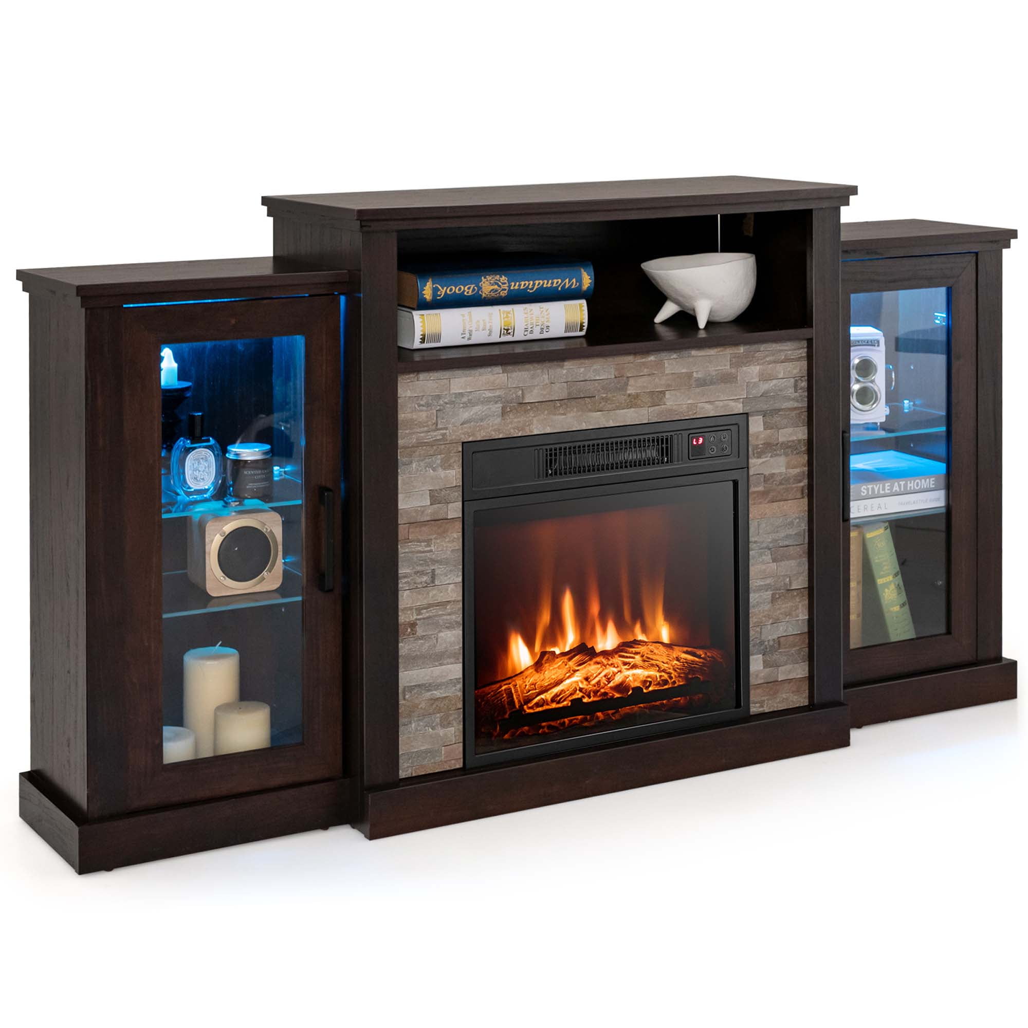 Dark Brown MDF and Glass Fireplace TV Stand with Cabinets
