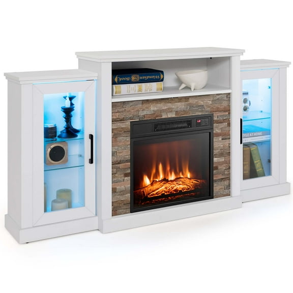 Costway Fireplace TV Stand with Led Lights & 18'' Electric Fireplace For 65" Wall-Mounted TV White