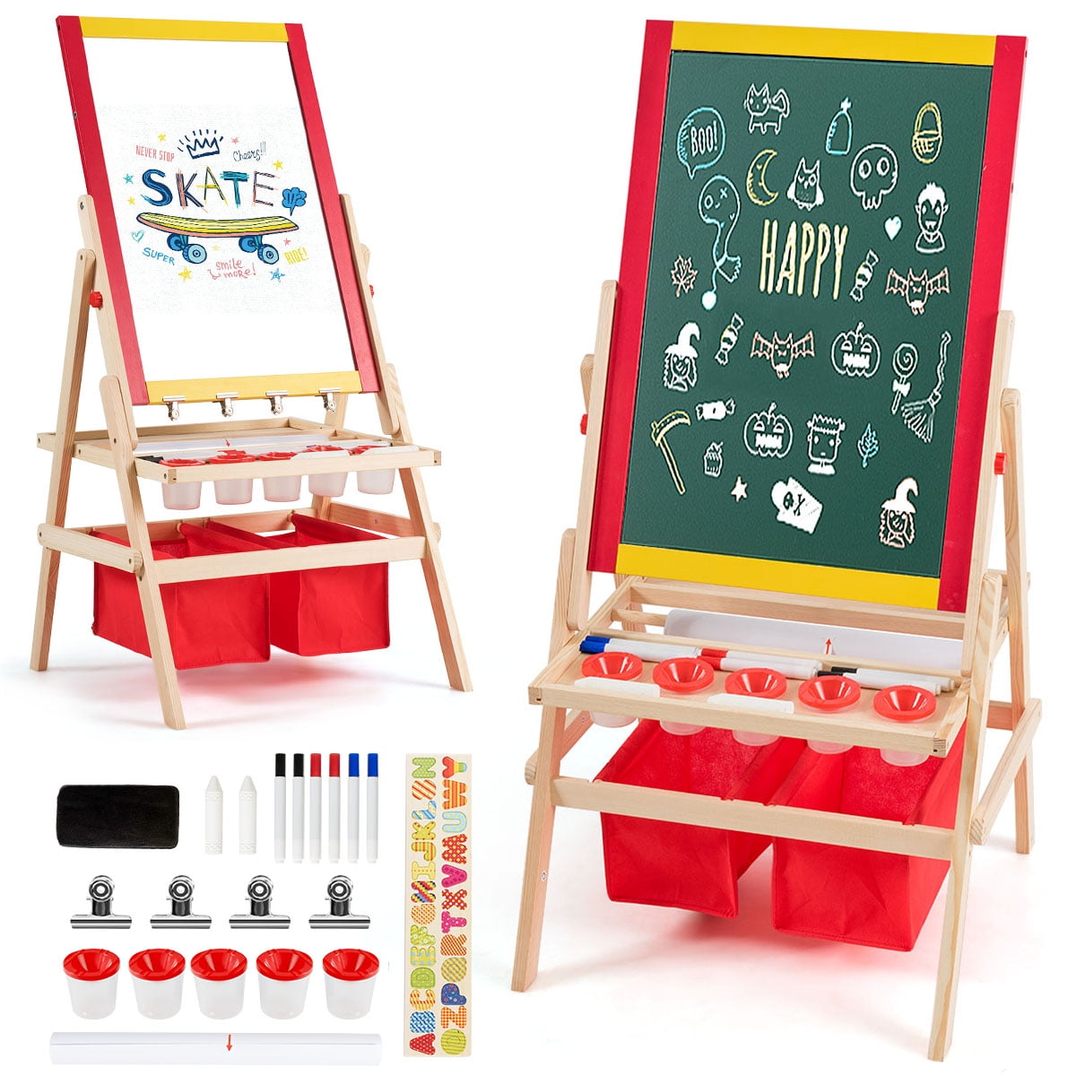 U.S. Art Supply Children's 3-Sided Art Activity Easel with 3 Magnetic Shelf Stations, Chalkboard, Blackboard, Dry Erase