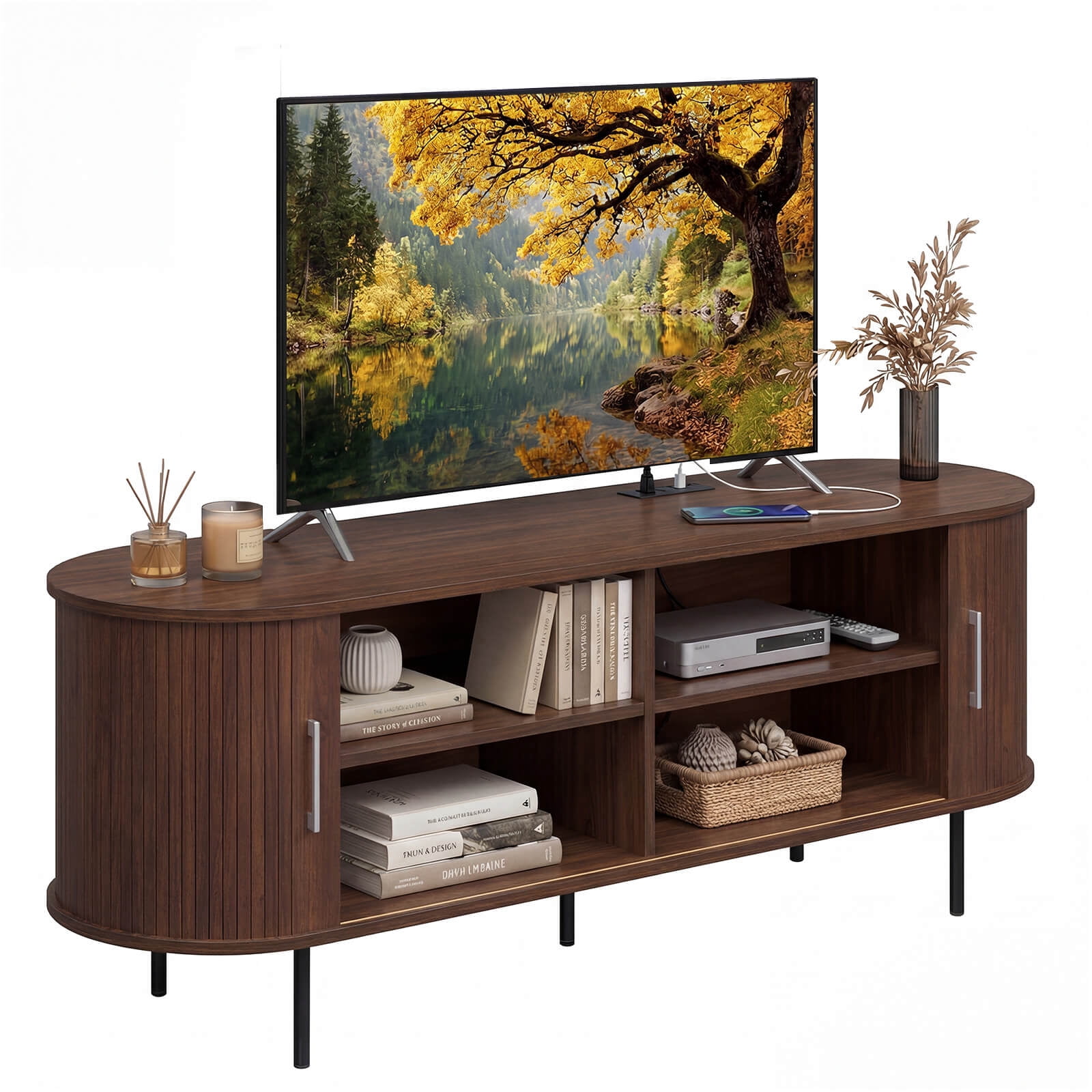 Costway Fluted TV Stand for TVs up to 60”, Mid Century Curved Entertainment Center Walnut
