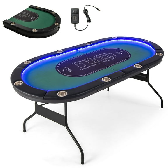 Costway Foldable 10 Player Poker Table Casino Texas Holdem with LED Lights USB Ports Green