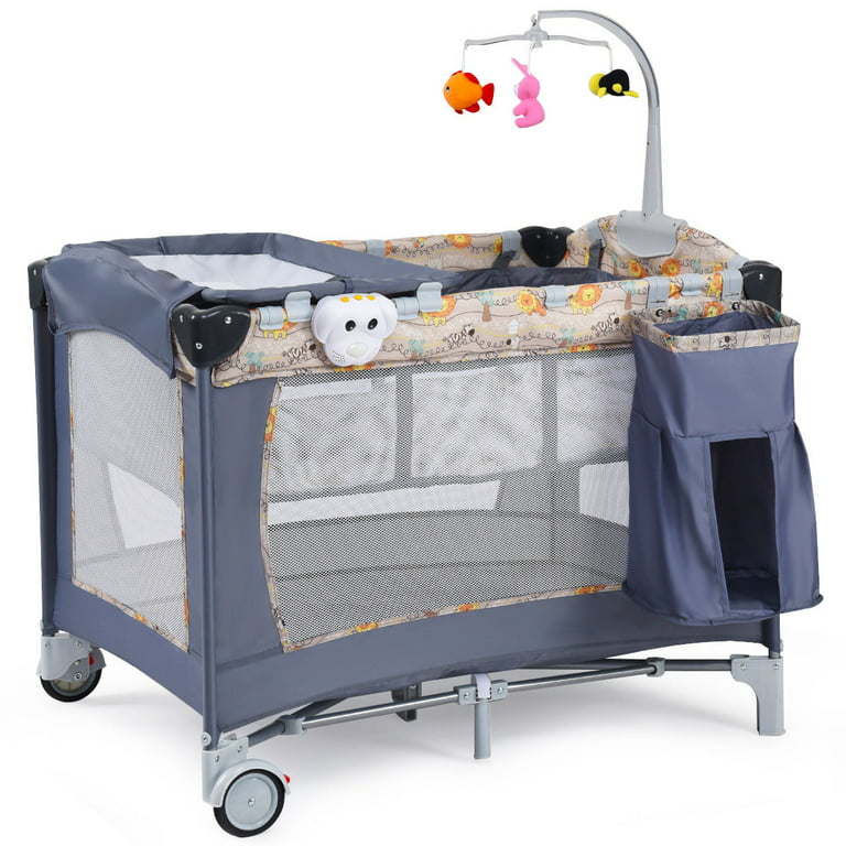 Costway Foldable Baby Crib Playpen Playard Pack Travel Infant 3-in-1  Bassinet Bed Music Gray