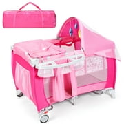 Costway Foldable Baby Crib Playpen Travel Infant Flat Bassinet Bed Mosquito Net Music with Bag Pink