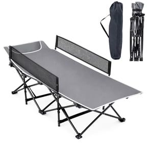 Costway Foldable Camping Cot with Headrest Mesh Side Rails Carry Bag Metal Frame for Hiking Gray