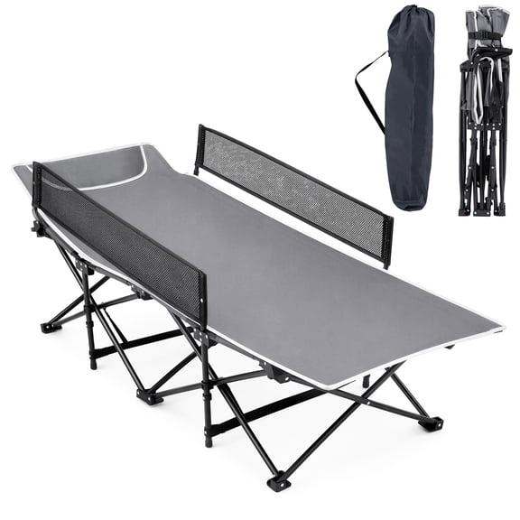 Costway Foldable Camping Cot with Headrest Mesh Side Rails Carry Bag Metal Frame for Hiking Gray