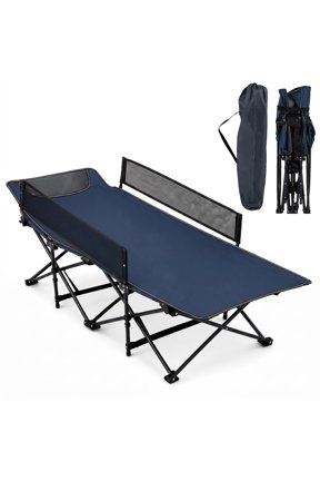 Foldable Camping Cot with Headrest Mesh Side Rails Carry Bag Metal Frame for Hiking Navy