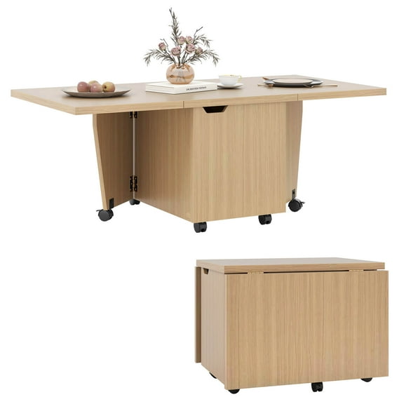 Costway Foldable Coffee Table 48" Extendable Center Table with Storage Cabinets & Wheels Oak