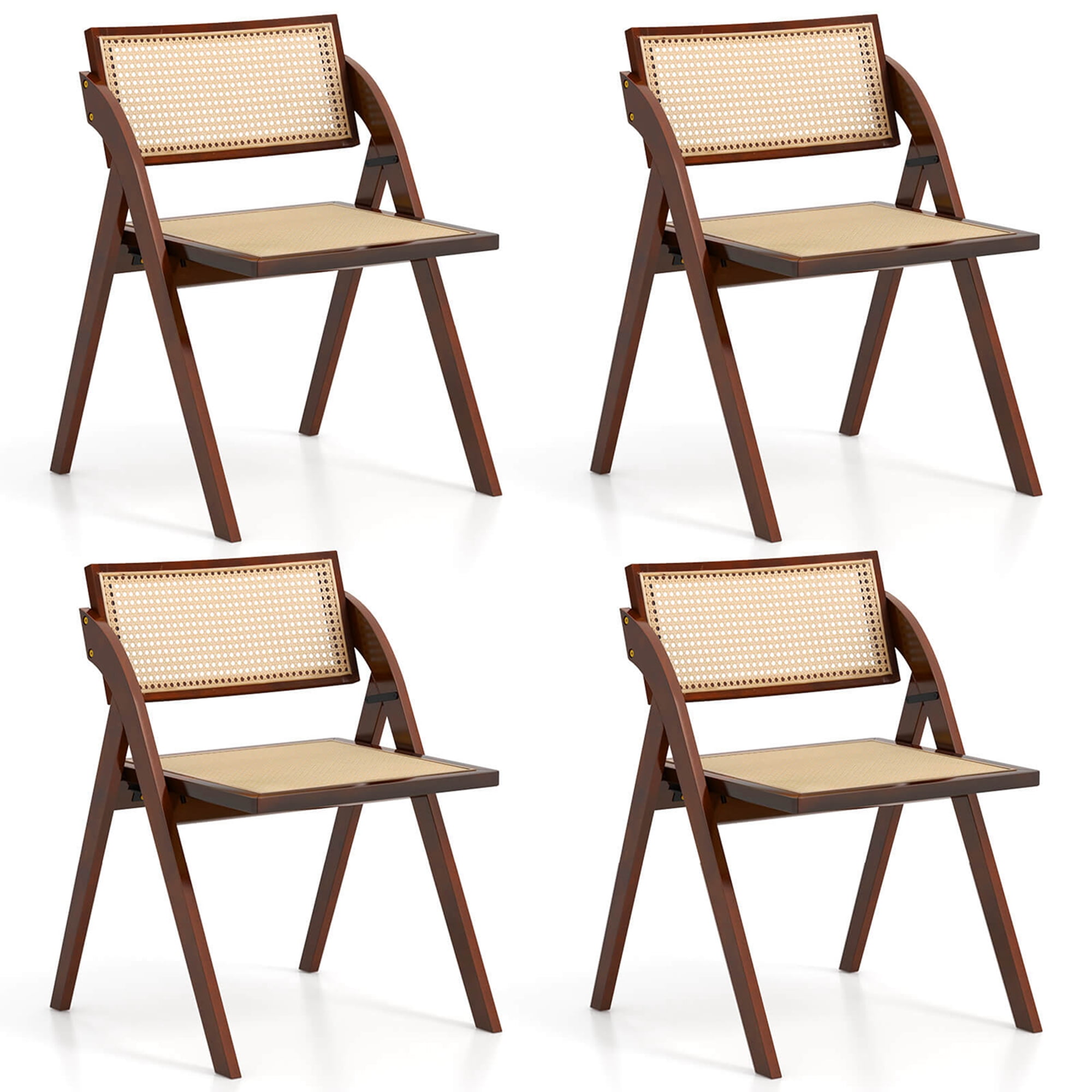 Costway Foldable Dining Chairs Set of 4 with Woven Rattan Backrest & Seat Rubber Wood Frame Brown - Walmart.com
