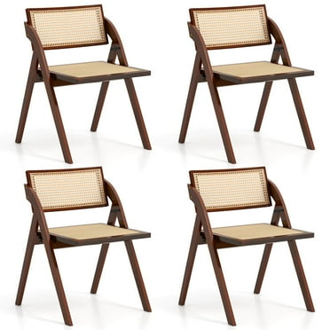 Costway Foldable Dining Chairs Set of 4 with Woven Rattan Backrest & Seat Rubber Wood Frame Brown