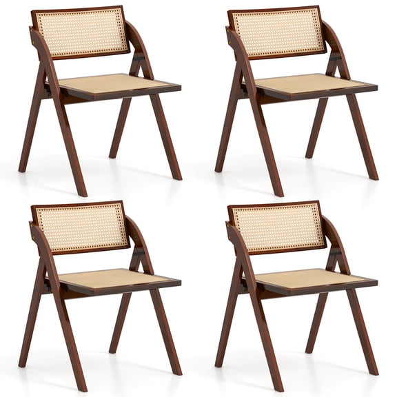 Costway Foldable Dining Chairs Set of 4 with Woven Rattan Backrest & Seat Rubber Wood Frame Brown