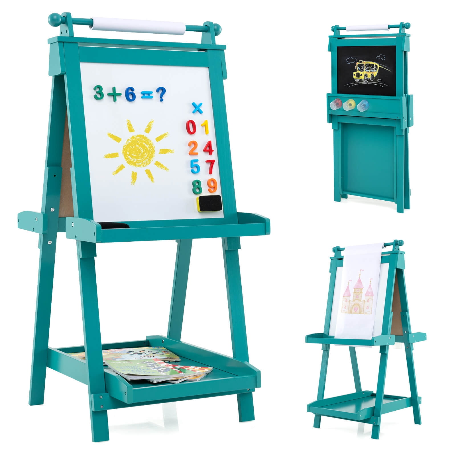 Costway Foldable Easel for Kids 3-in-1 Double-sided Art Easel with Chalkboard Gray