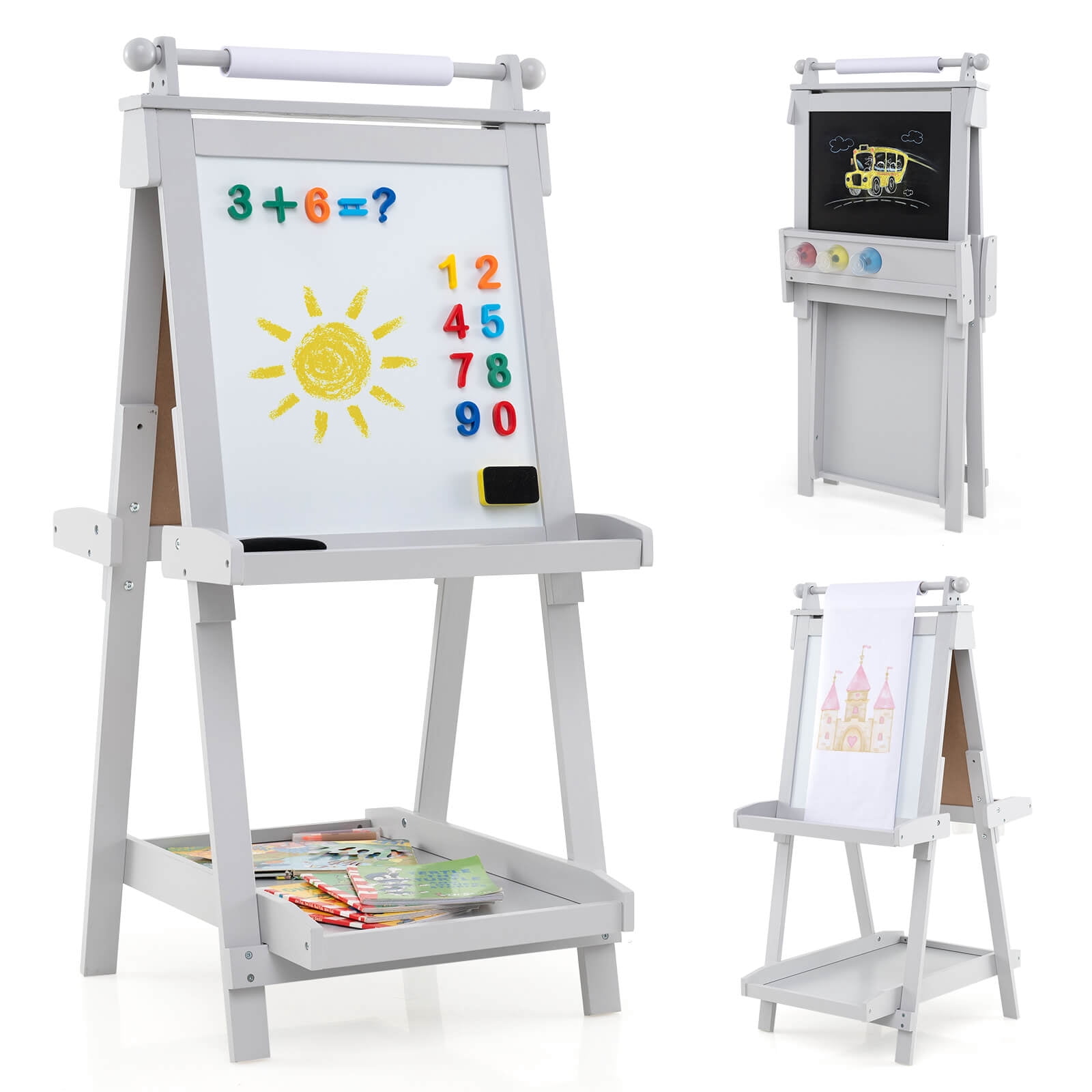 Costway Foldable Easel for Kids 3-in-1 Double-sided Art Easel with Chalkboard Green
