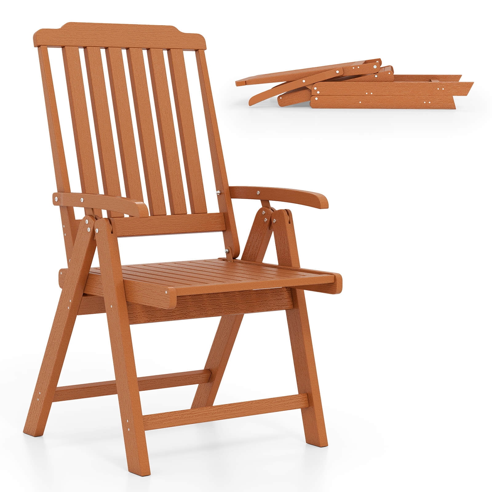 Costway Foldable Patio Chair with Armrest, Curved Back, Slatted Seat for Backyard Deck Brown