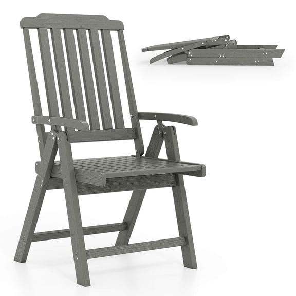 Costway Foldable Patio Chair with Armrest, Curved Back, Slatted Seat for Backyard Deck Gray