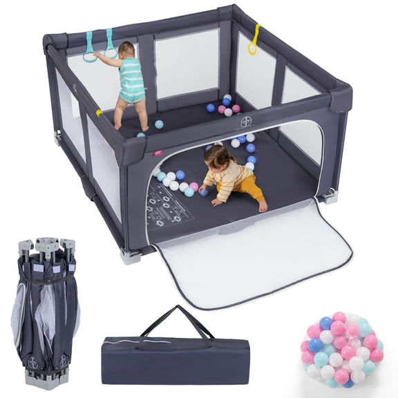 Costway Foldable Playpen, 50" x 50" Portable Baby Playpen with 50PCS Ocean Balls 4 Handles Carry Bag Gray
