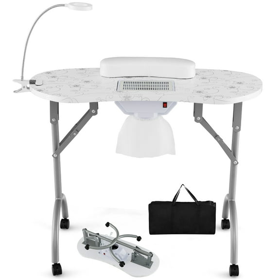 Costway Foldable & Portable Manicure Nail Table with LED Table Lamp Removable Armrest Pad & Dust Bag White
