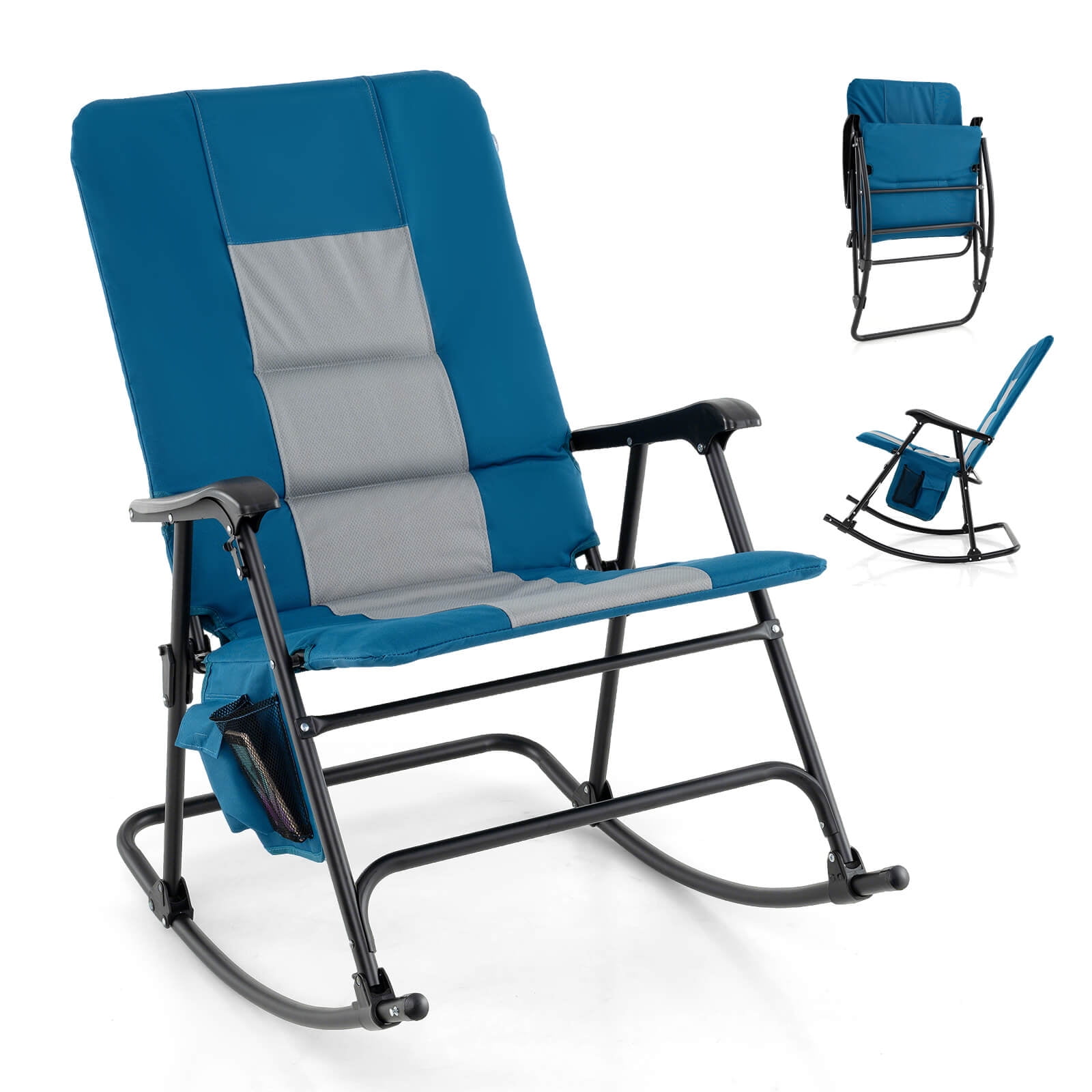 Blue and Gray Foldable Steel Rocking Chair with Armrests