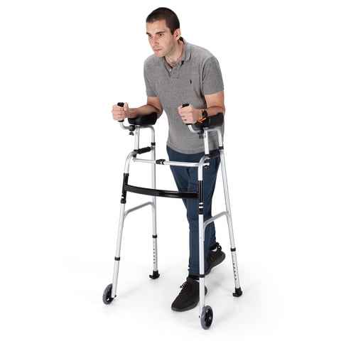 Costway Folding Aluminum Alloy Wheel Walking Frame Adjustable Walker with Armrest Support Silver