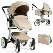 Costway Folding Aluminum Infant Bassinet Reversible Baby Stroller W/ Diaper Bag Beige