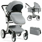 Costway Folding Aluminum Infant Bassinet Reversible Baby Stroller W/ Diaper Bag Grey
