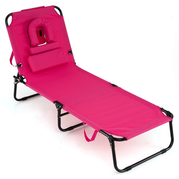 Costway Folding Beach Sun Lounger with Face Hole & Removable Pillows, 4-Position Backrest Pink